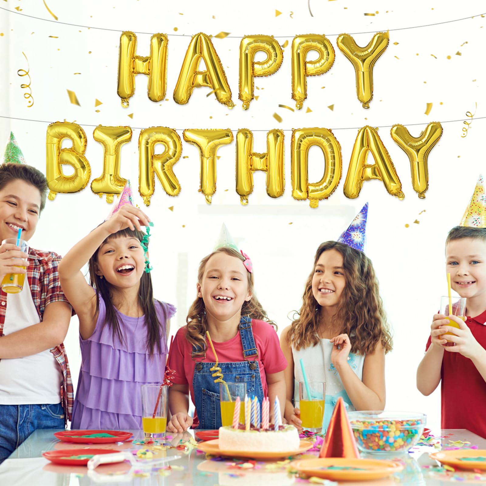 Photo 1 of YUNGSUN Gold Happy Birthday Balloons Banner, 16 Inch Reusable 3D Letter Aluminum Foil Inflatable Letter Balloon Sign for Party Decor and Event Supplies