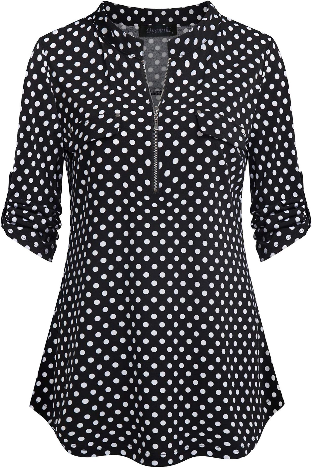 Oyamiki Women Casual V-Neck Long Sleeve Zip Up Shirt Chiffon Polka Dot Blouse Top