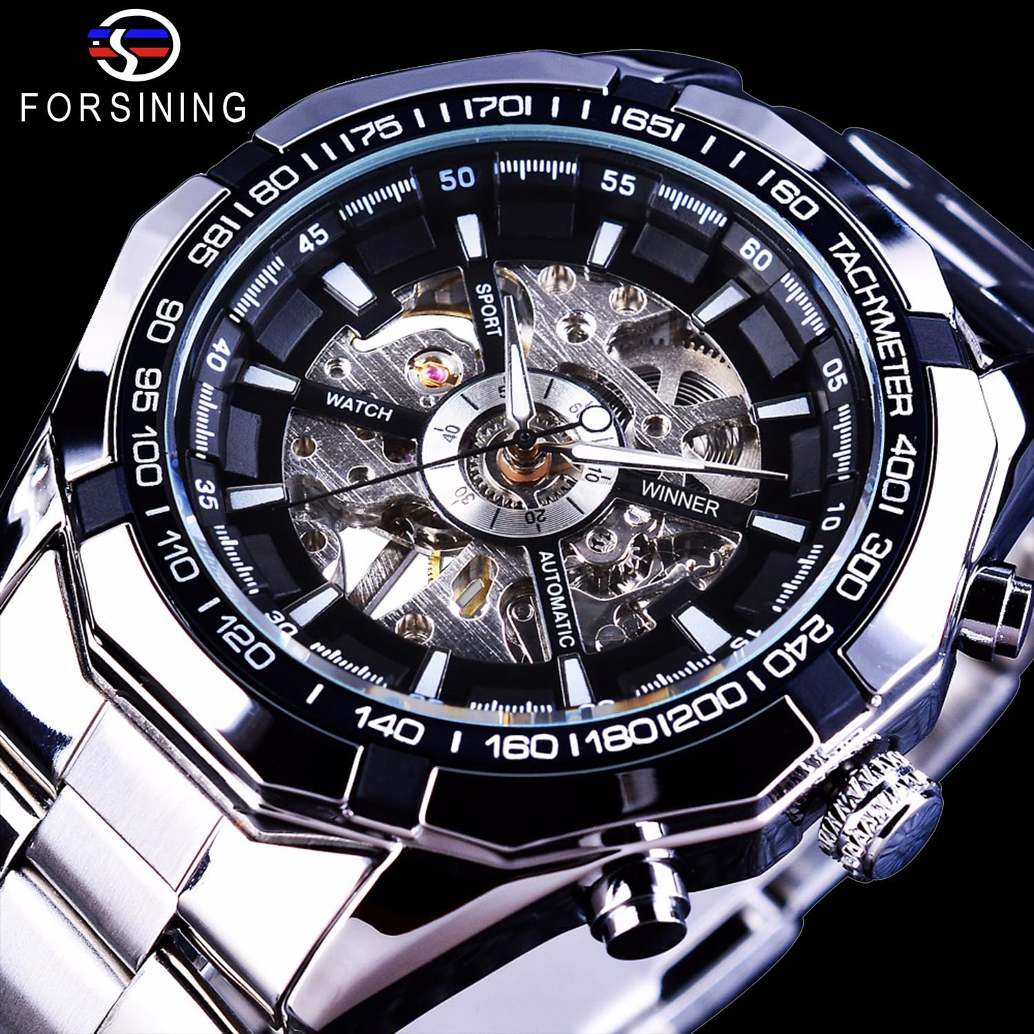 FORSINING Mens Watches Automatic Skeleton Hollow Mechanical Automatic Luxury Watch Blue Black Stainless Steel Band Waterproof Wrist Watch, silver black, Modern