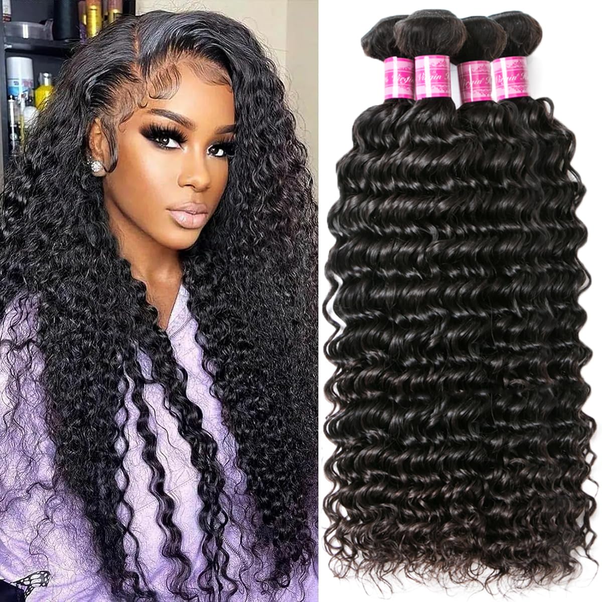 10A Brazilian Deep Wave Bundles 24 26 28 30 Inch Curly Wave Brazilian Human Hair 4 Bundles Wet and Wavy Human Hair Bundles Natural Color for Black Women