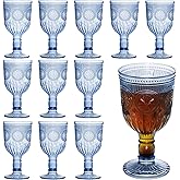 12 Pack Vintage Wine Glasses, Plastic Reusable 12 Ounce Colored Water Goblets, Unique Flower Embossed Pattern Unbreakable Stemmed Wine Glasses High Clear Wedding Party Bar Drinking Cups Blue