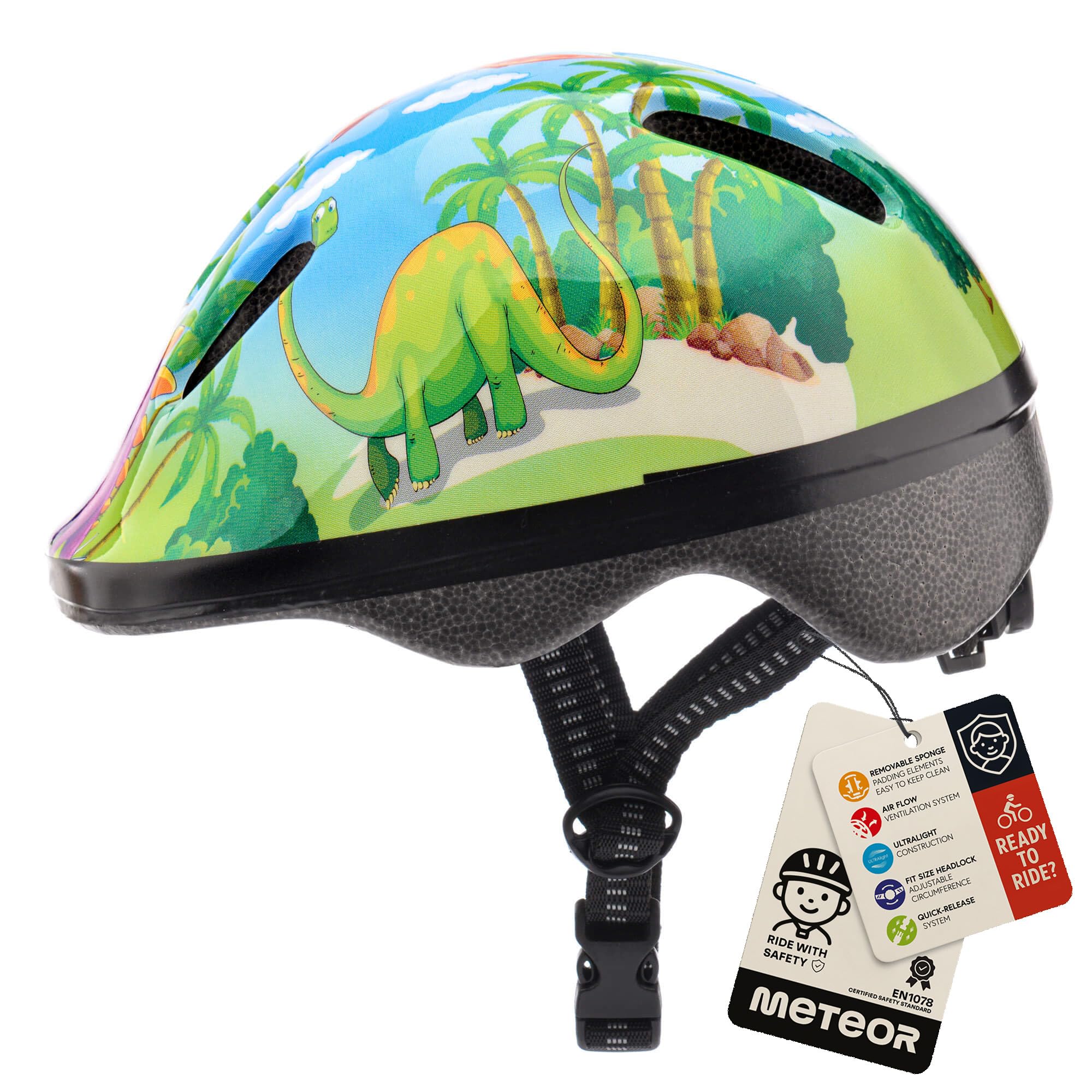 Meteor Kids Bike Helmet Dinosaur XS 44-48 cm, Toddler & Child Cycling Helmet, Lightweight Adjustable Scooter & Skate Helmet with Airflow Vents, Washable Padding, Safety Head Protection