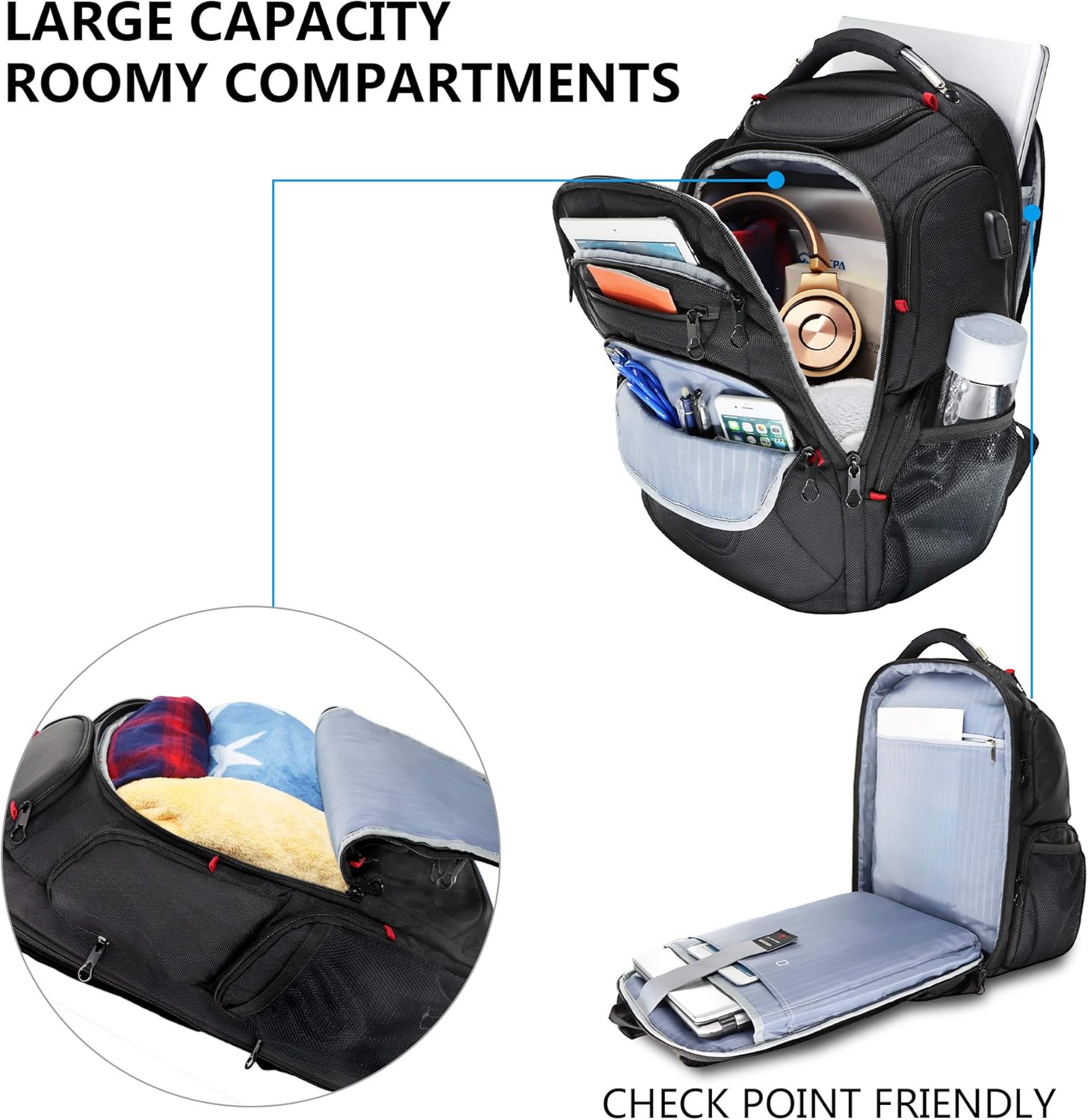 KROSER Travel Laptop Backpack 17.3 Inch XL Heavy Duty Computer Backpack Water-Repellent College Daypack Check Point Friendly Business Backpack with RFID Pockets & USB Port for Men/Women-Black: Computers & Accessories