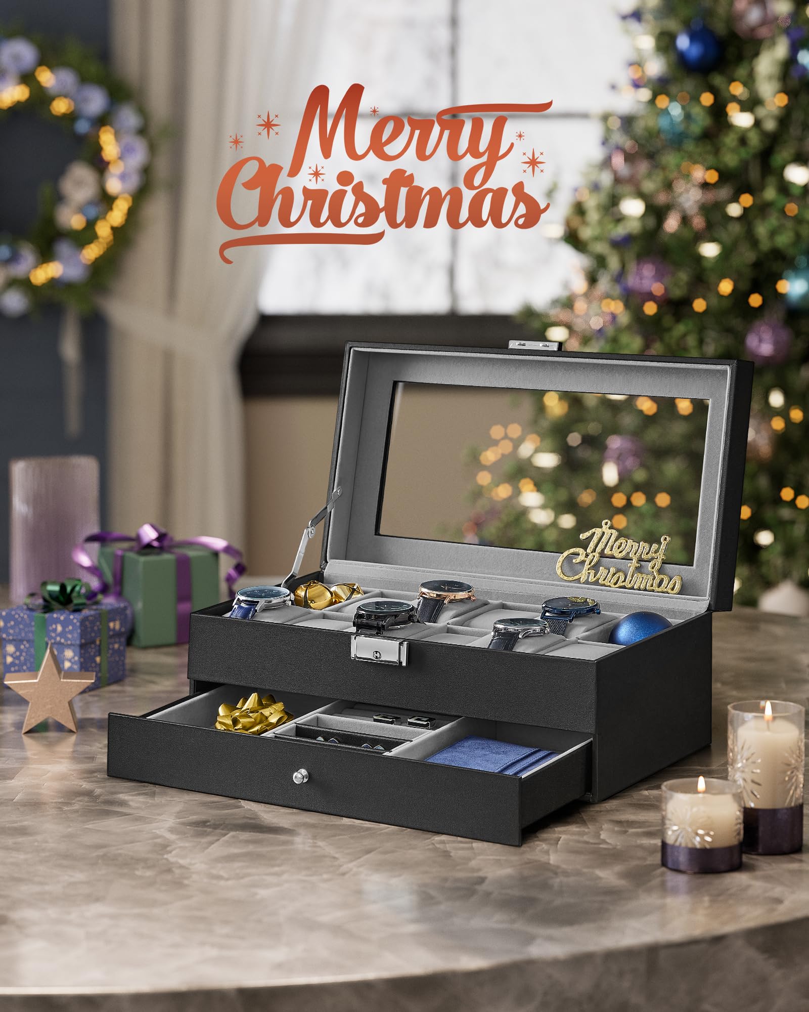 SONGMICS Watch Box, 12-Slot Watch Case Organizer with Large Glass Lid, 2 Layers, Removable Pillows, Metal Lock, Gift for Loved Ones, Black Synthetic Leather, Christmas Gift, Gray Lining UJWB012