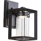 JONATHAN Y 9.75" Black 1-Light Iron and Seeded Glass Outdoor Wall Sconce, Modern Cube Design for Entryway Porch or Patio, Far