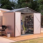 Aoxun 8'x6' Shed with Floor Galvanized Steel Outdoor Storage Shed Brown | Metal Garden Shed with Double Doors, Moisture-Proof Floor &amp; Ventilation, Sloped Roof for Garden, Patio, Backyard