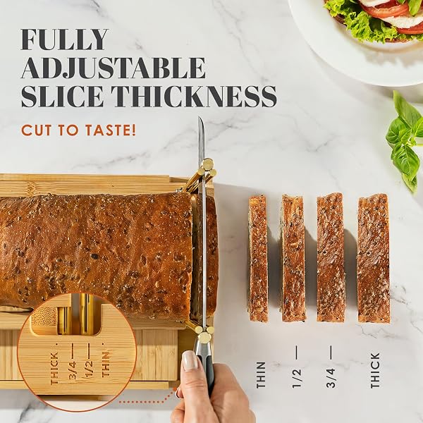 DITTO 2.0 BAMBOO BREAD SLICER FOR HOMEMADE BREAD – 6.5″ WIDE ADJUSTABLE BREAD SLICER GUIDE CUTS EVEN SLICES, 4 THICKNESS OPTIONS – WORKS WITH BUNS, BAGELS – INCL CRUMB TRAY