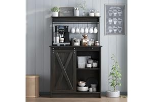 4ever2buy Farmhouse Coffee Bar with Hutch, 31 Inch Buffet Cabinet with Sliding Barn Door, Storage Bar Cabinet with 6 Hooks, Coffee Bar Table with Adjustable Shelves for Living Dining Room, Oak