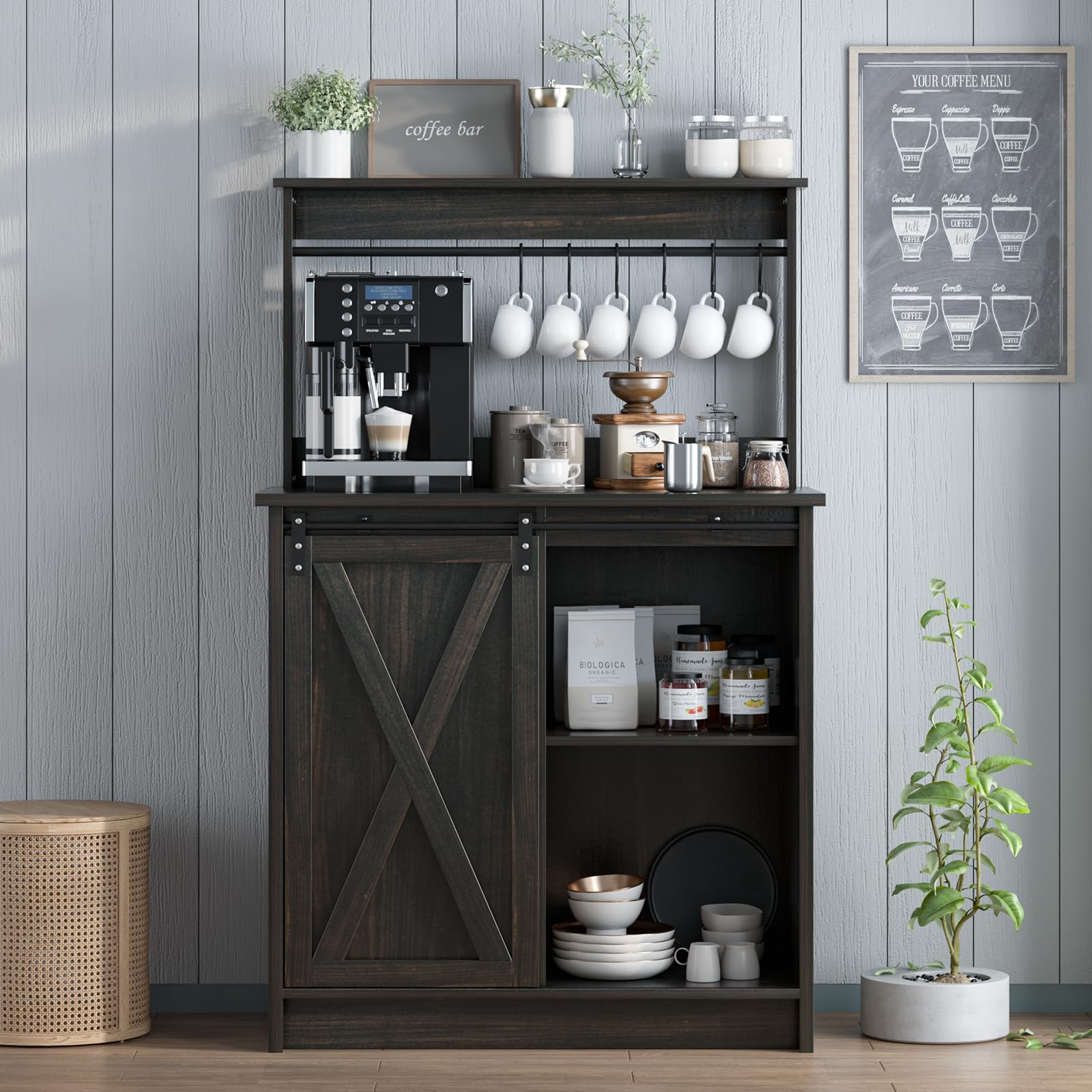 4ever2buy Farmhouse Coffee Bar with Hutch, 31 Inch