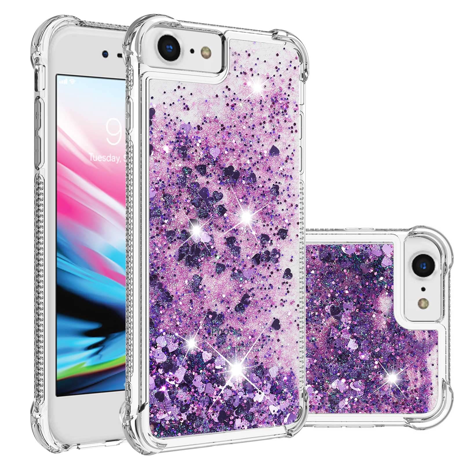 For iPhone SE 2022 Case, iPhone SE 2020 / iPhone 8 / iPhone 7 Case, Girly Bling Glitter Sparkle Quicksand Floating Liquid Clear Transparent Soft Silicone Bumper ShockProof Phone Cover, Purple