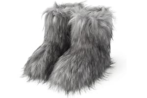 MAIJED Women's Faux Fur Boots Furry Fluffy Round Toe Snow Boots Warm Lined Fuzzy Flat Comfy Winter Mid Calf Boots
