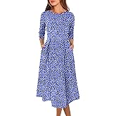 Prinbara Women's 3/4 Sleeve Midi Dresses 2025 Fall Casual Boho A-Line Flowy Swing Summer Floral T Shirt Dress with Pockets