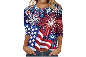 HUNENY American Flag Shirt Women 4th of July Star Striped Print 3/4 Length Sleeve Crewneck Patriotic Shirts Holiday Tops