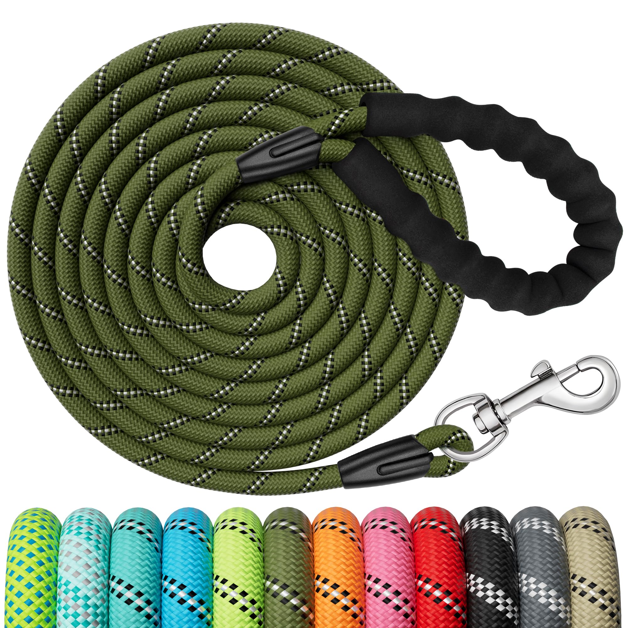 X XBEN Training Leads for Dogs, 30M/98FT Strong Rope Long line Dog Lead Leash with Soft Padded Handle and Heavy Duty Hook, Reflective Recall Training Leads for Large Medium Small Dog, Olive