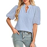 LUXEBOLD Women's V Neck Blouses Dressy Casual Puff Short Sleeve Shirts Hollow Summer Tops Business Women S-XXL