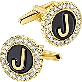 HAWSON A-Z Initial Cufflinks for Men and Women with Clear Crystal, Gold Silver Color Rasied Letter A-Z Cuff Links for French Shirt, Gift for Normal and Business Wearing