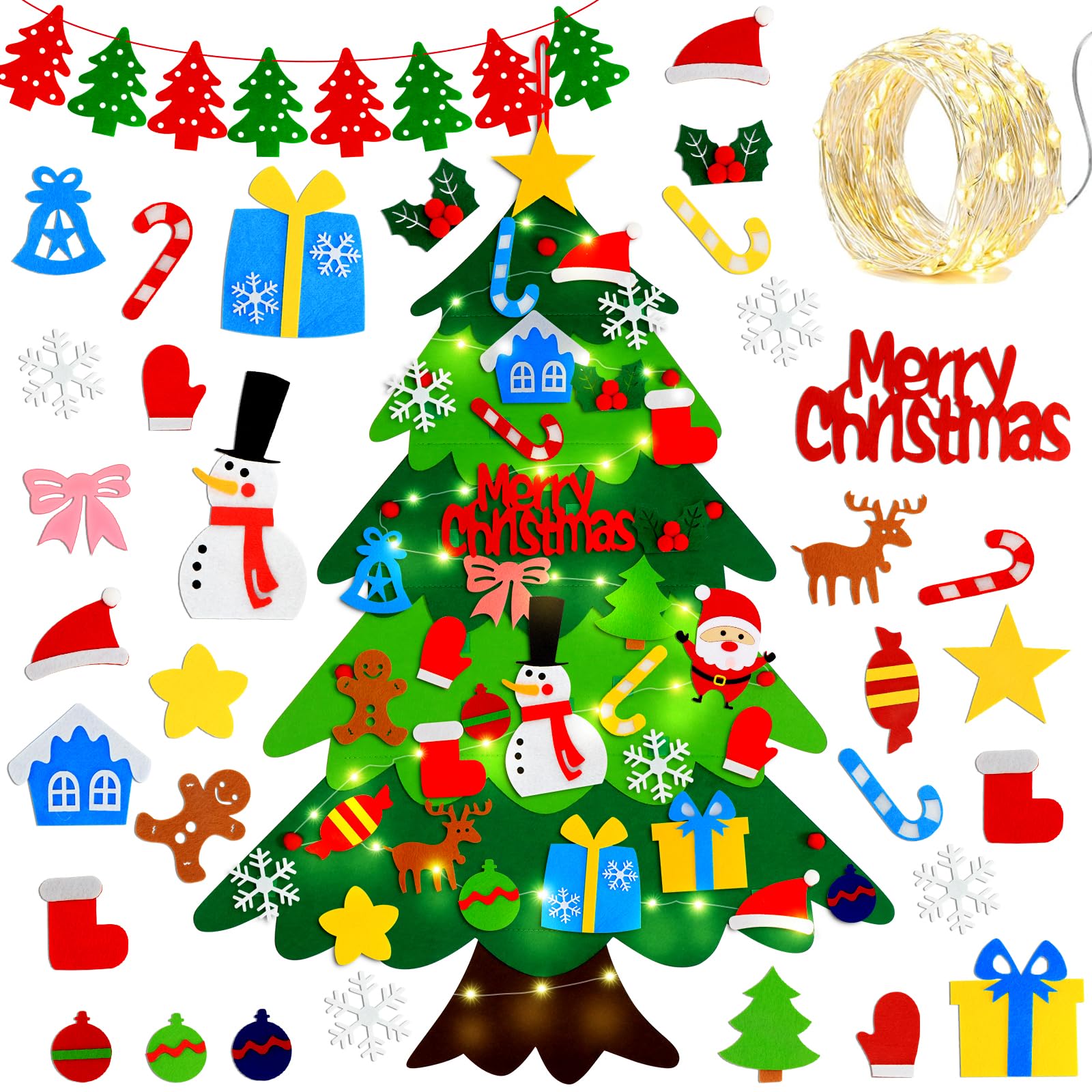 Dreamtop Felt Christmas Tree - 3.28ft Felt Xmas Tree Set, Wall Hanging Velcro Christmas Tree with 32pcs Ornaments LED Lights Tree Banner Home Door Christmas Decoration Craft for Adults