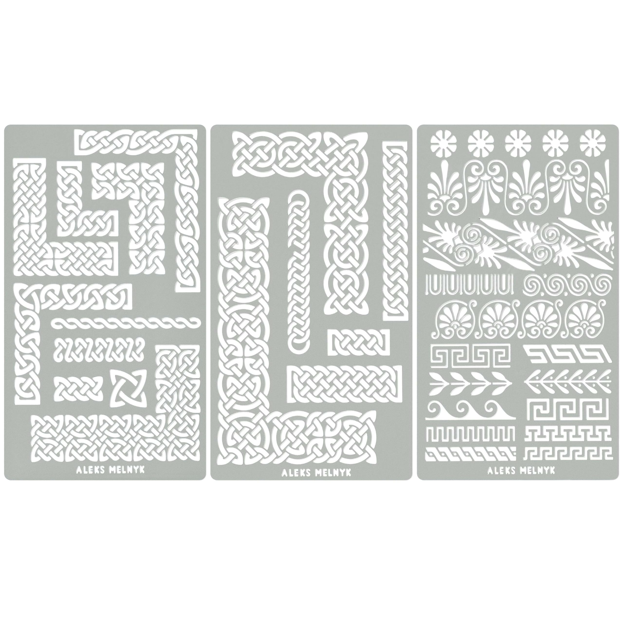 Aleks Melnyk No.36 Metal Stencils for Bullet Journaling, Greek Key, Small Border, Celtic Knot, Ornate Viking, Steel Journal Stencils, for Engraving, Pyrography, Wood Burning