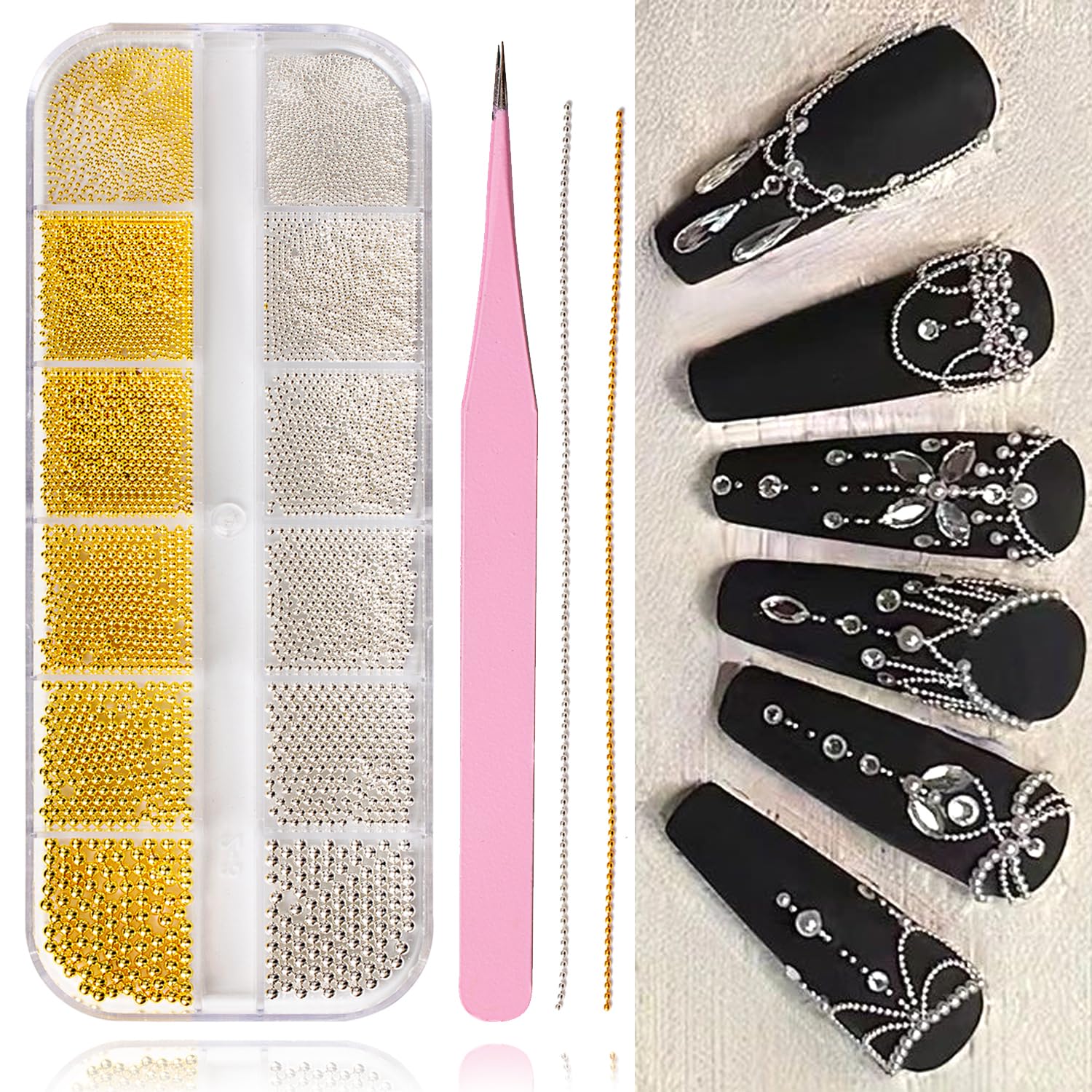 Photo 1 of Haozhet 5680pcs Caviar Beads for Nails, 12 Grad Gold Nail Charms and Sliver Nail Caviar Beads, 2pcs 5-inch Nail Chains for Nail Art, Nail Jewelry for Nail Art Supplies with tweezer