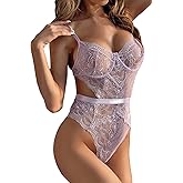 Aranmei Women Sexy Lingerie Bodysuit Lace Teddy Snap Crotch V Neck Cut Out One Piece Babydoll Underwire