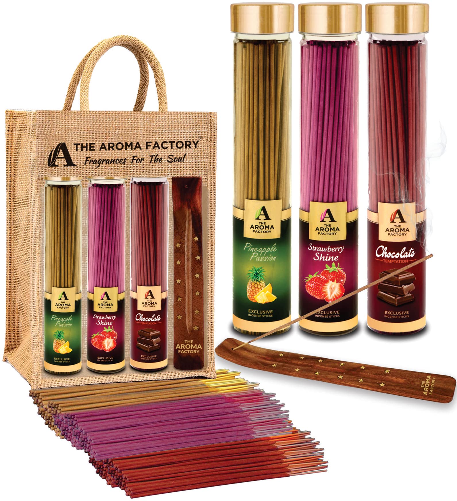 The Aroma Factory Organic Incense Sticks (Pineapple, Strawberry, Chocolate) No Charcoal | Non Toxic | Aromatic Fruit Fragrance | Herbal Agarbatti, 3x100g sticks Jute Gift Set with Wooden Holder