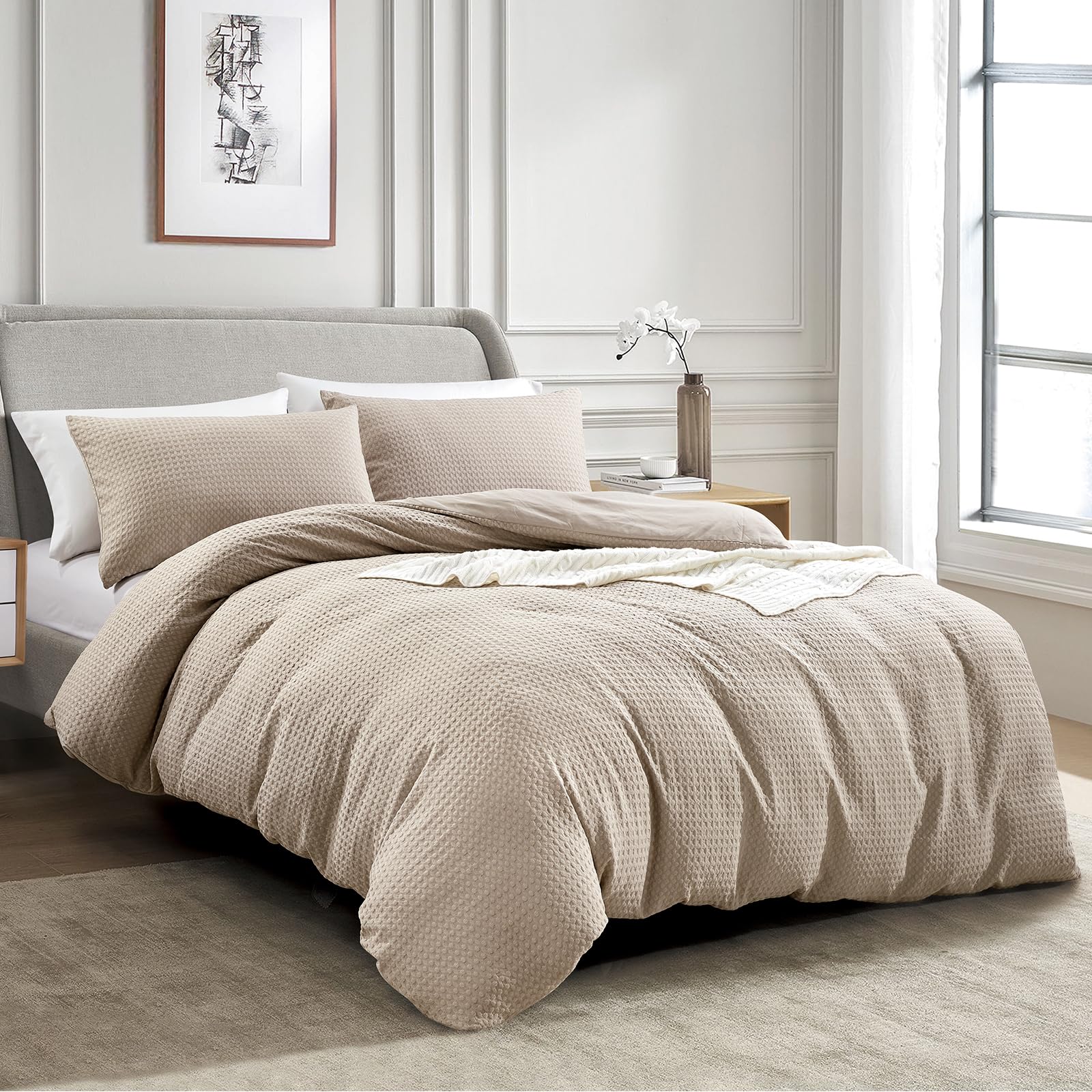 KASYLAN Breathable Duvet Cover Set with Zipper Closure - Waffle Dobby Weave Texture Duvet Sets, Modern Boho Duvet Cover & Pillow case, All Season Microfiber Bedding Quilt Cover Set (Single, Taupe)
