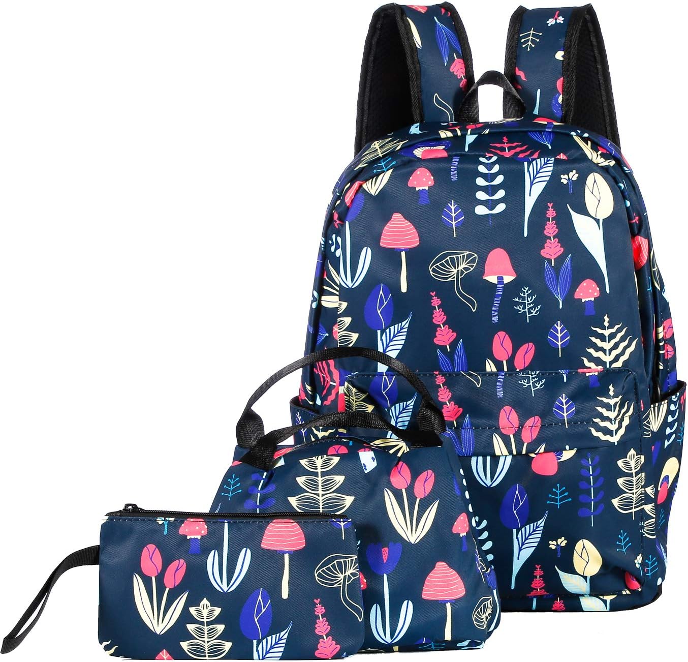 School Bag 3 backpack Set Cute Lunch Bag Pattern Bookbag with Pencil Case for Girls and Boys, Navy Blue Flower