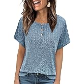MixShe Womens Ribbed Knit Short Sleeve Tops Button Front Crew Neck Casual Lightweight Blouses