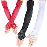 SATINIOR 3 Pairs 1920s Black Red White Long Opera Gloves with Finger Loops Stretchy Fingerless Floral Embroidery Sequins Satin Evening Bridal Party Elbow Gloves for Women Halloween Costume Theme Party