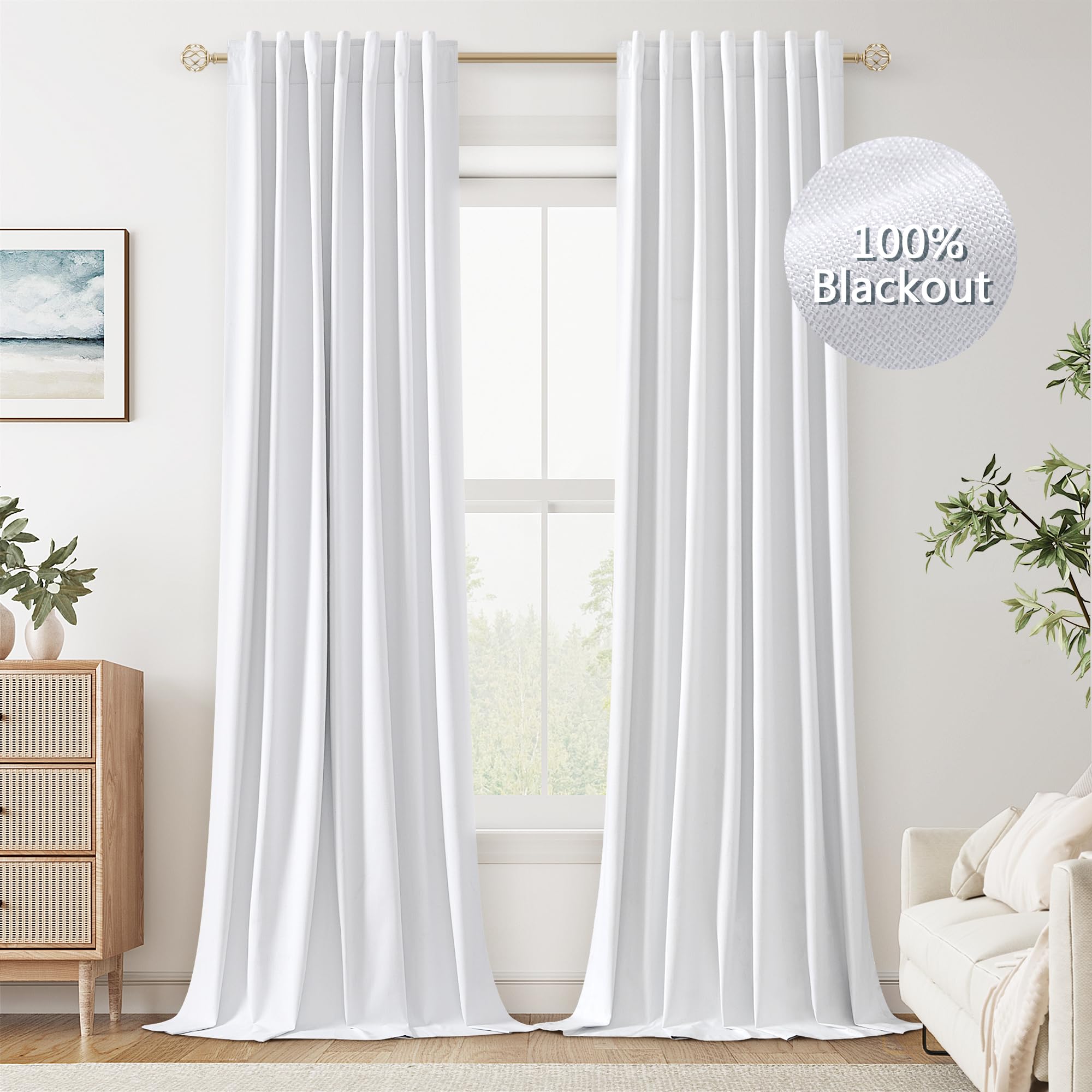 Photo 1 of Guken White Linen Blackout Curtains 108 Inch Length 2 Panels Set for Living Room Bedroom Back Tab Thermal Insulated 100% Black Out Linen Drapes Room Darkening Window Curtains 108 Inches Long White
