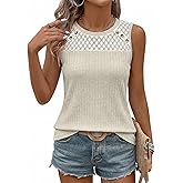 BLENCOT Women's Ribbed Knit Tank Top Lace Splicing Sleeveless Summer Casual Vest Shirt with Button Detail