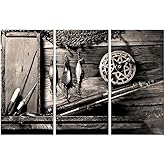 Saypeacher Fishing Wall Art for Men Rustic Fishing Rod Hook Wall Decor Farmhouse Pictures Prints 16x32inchx3pcs