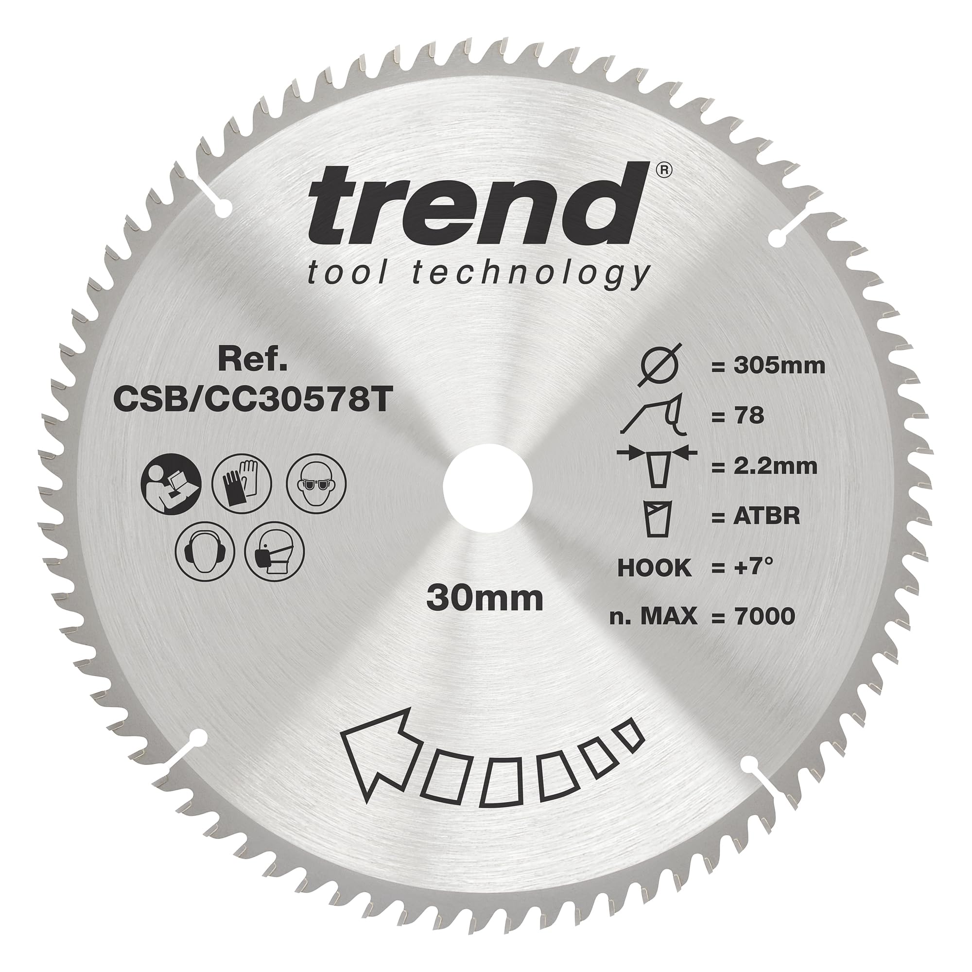 Trend Wood Cordless ATBR Mitre Saw Blade, 305mm Diameter, 30mm Bore, 78 Teeth, 2.2mm Kerf, +7° Hook, TCT, Fine Finish, CSB/CC30578T