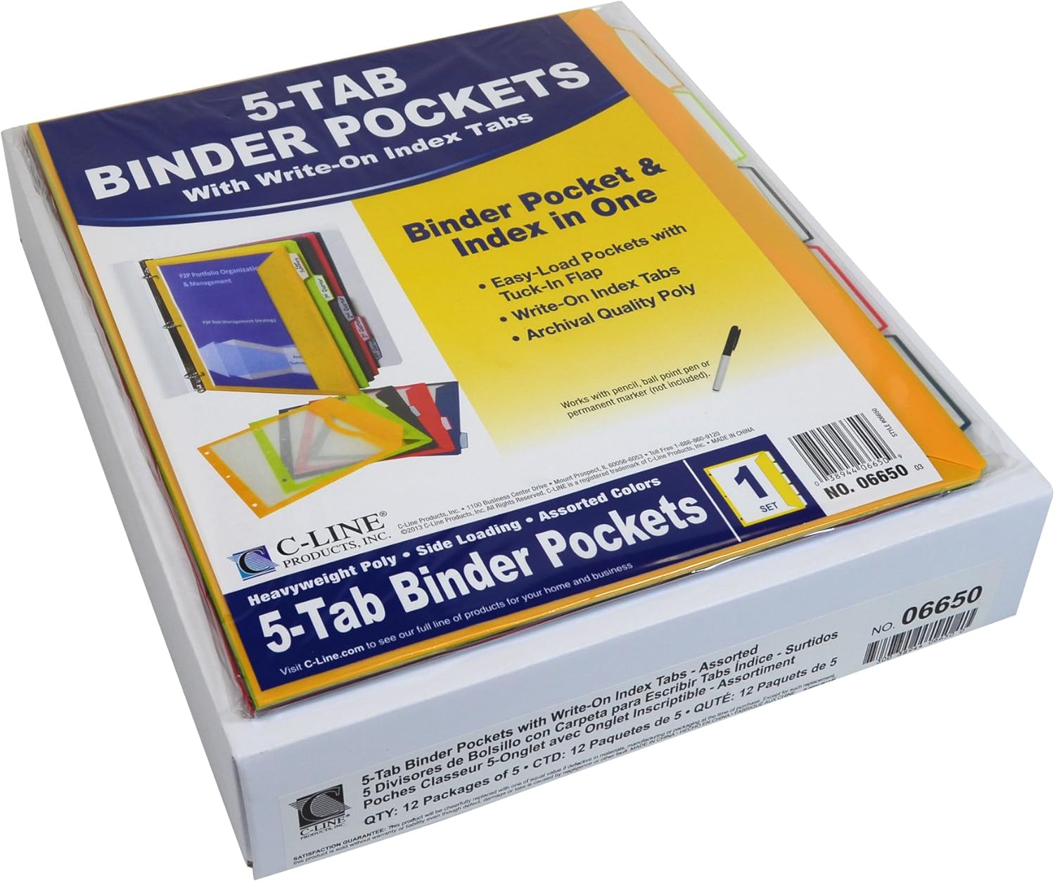C-Line 5-Tab Binder Pockets with Write-On Index Tabs, Assorted Colors, 8.5 x 11 Inches, 5 Pockets per Set (06650) : Office Products