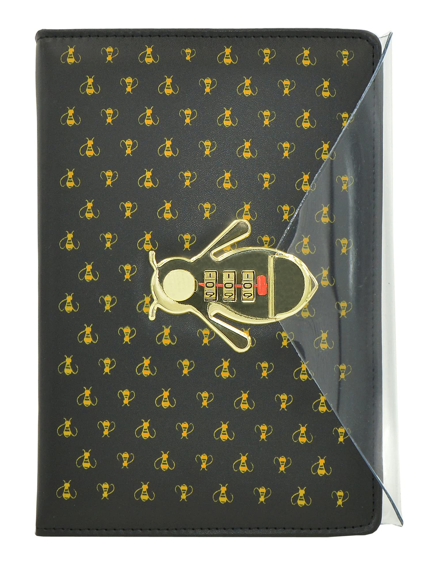 NectaRoy A5 Lockable Diary, Bee-Shaped Lock Travel Journal, PU Leather Password Notebook, Sketchbook Office School Supplies Student Stationery Birthday Gift, Pen Holder&Card Slots, 210x145mm