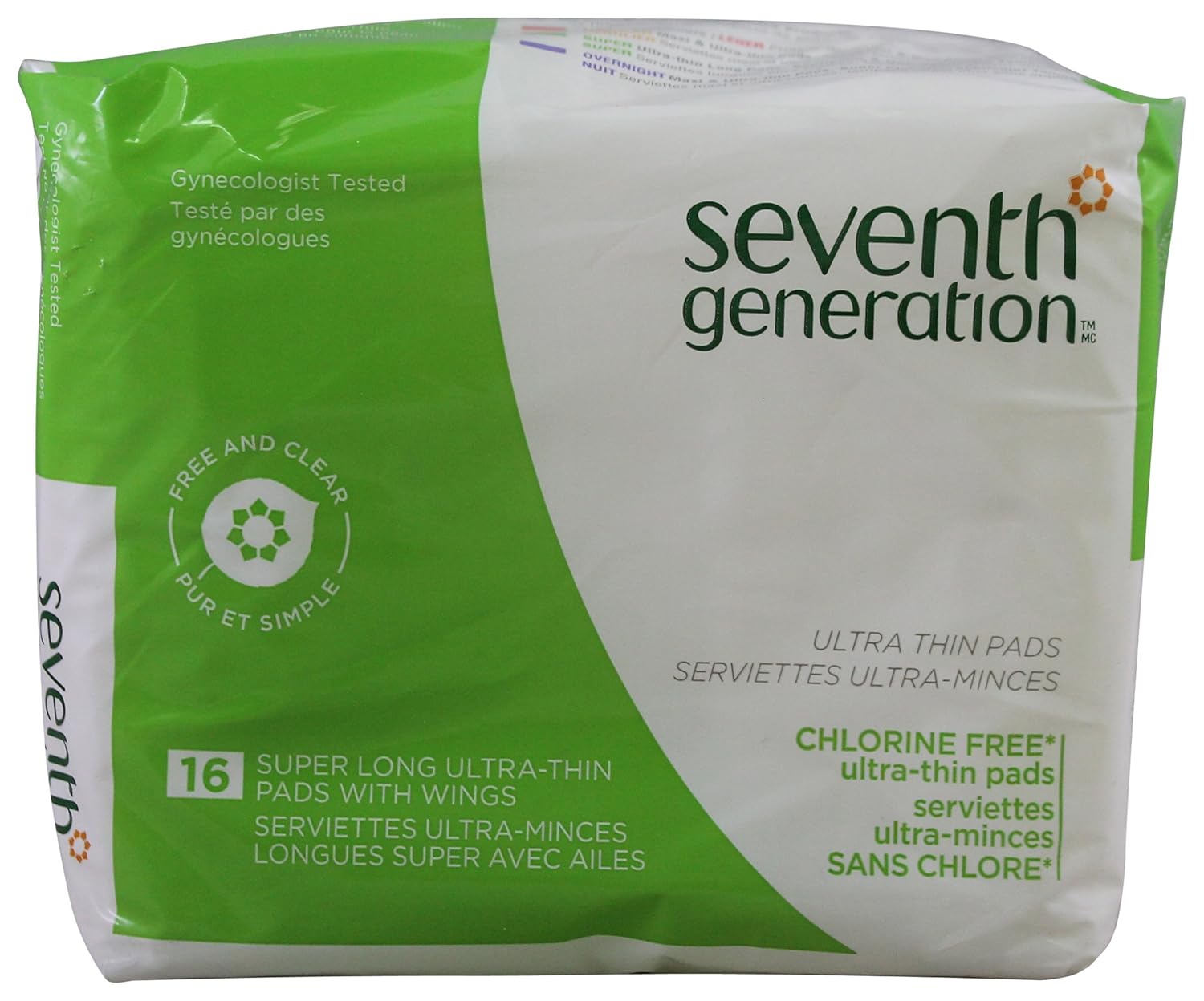 Seventh Generation Pads, Ultra-Thin, Super Long, with Wings, 16 pads (Pack of 6)