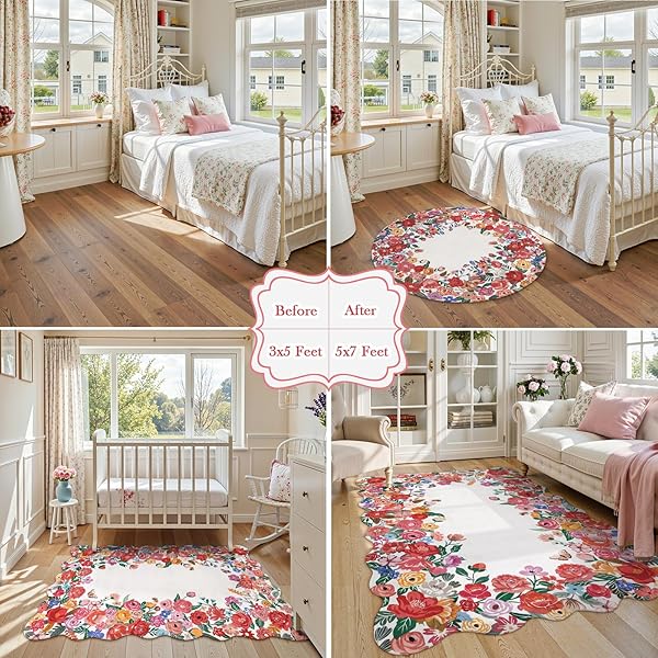 WONNITAR WASHABLE RED CAMELLIA FLORAL AREA RUGS 5X7, NON-SLIP BOHO RUGS FOR LIVING ROOM, SOFT SCALLOPED FLOWER FLOOR CARPET RUGS FOR BEDROOM KIDS NURSERY DORM DECOR (RED,5’X7′)