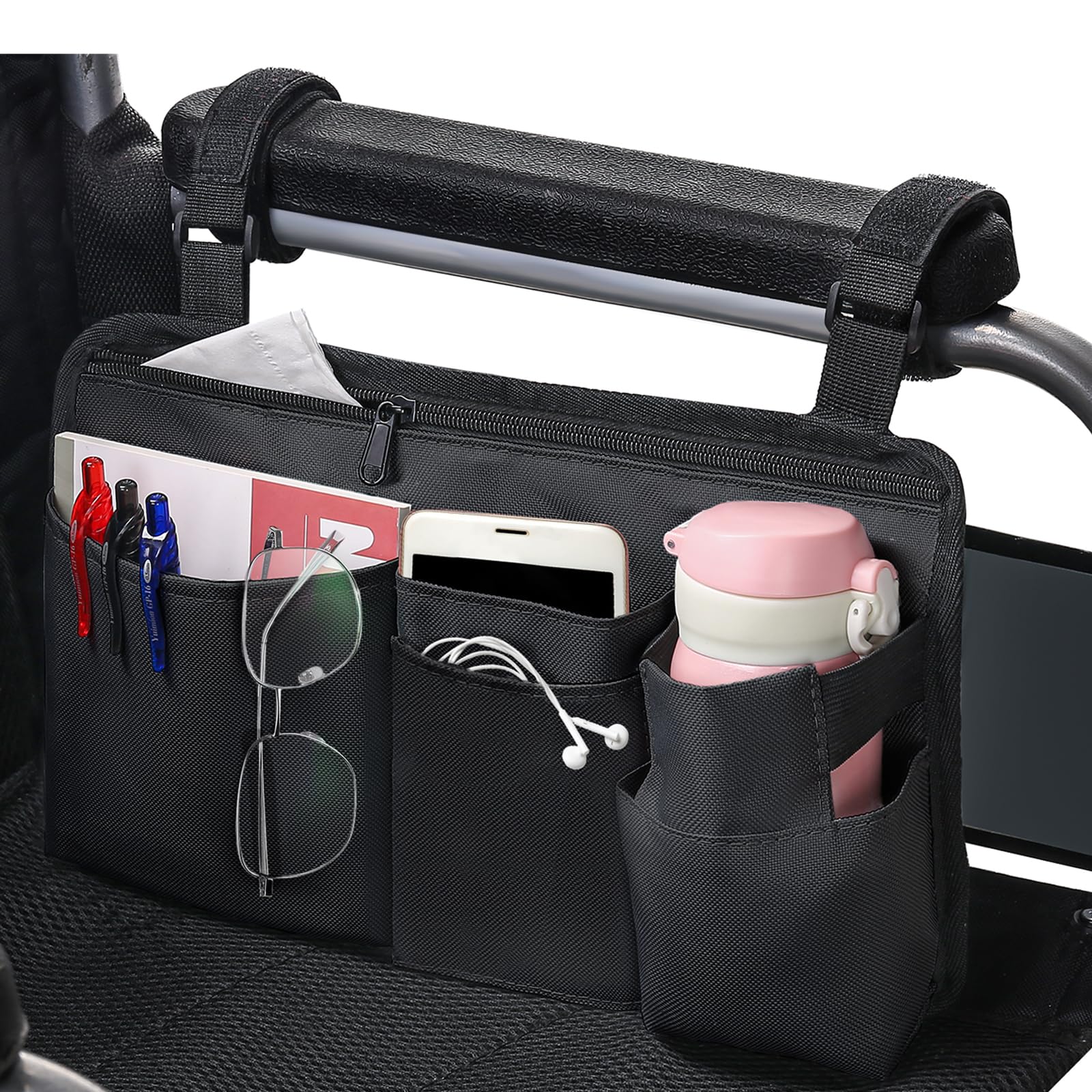 Photo 1 of CTWWFS Upgrade Wheelchair Side Bag with Cup Holder, Armrest Accessories for Wheelchair, Rollator, Walker, The Perfectly Organized to Free your Hands and Bring you A Wonderful Life Experience (Black)