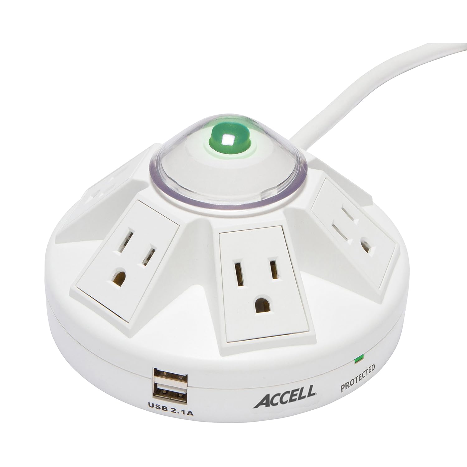 Accell Powramid USB Surge Protector - 2 USB Charging Ports (2.1A), 6 Outlets, 6-Foot Cord, 1080 Joules, UL Listed - White Grounded Extension Cord Power Strip