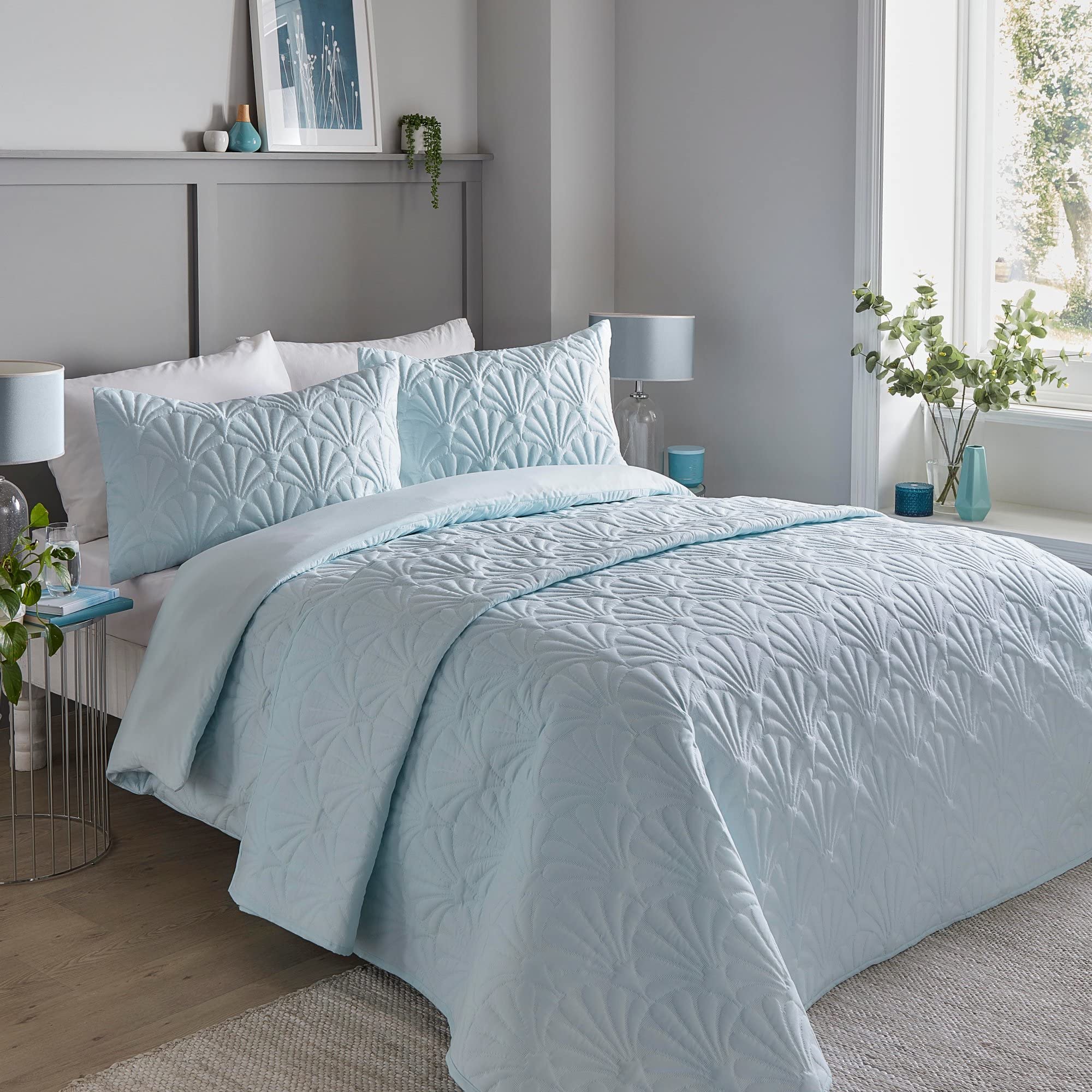 Serene - Duck Egg Blue Floral Embroidery Duvet Cover - Single Bedding Size (140 x 200cm) - Luxury Bedding - Soft Touch - Pinsonic/Ultrasonic Pattern - Duck Egg Blue Embossed Duvet - Cavili Collection
