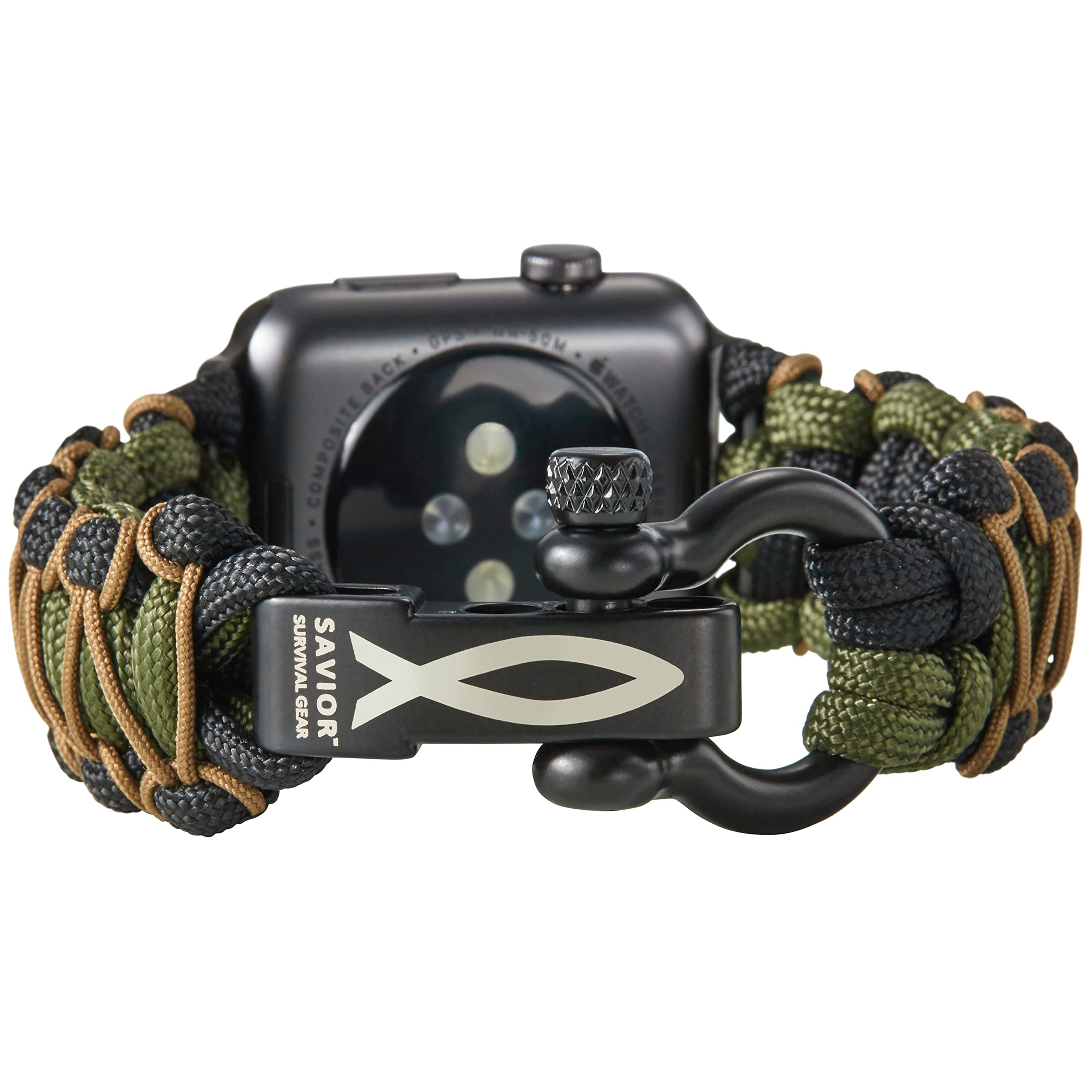 Savior Survival Gear Paracord Watch Band Compatible with Apple Watch Band 49mm 46mm 45mm 44mm 42mm,iWatch Band Series Ultra 10 9 8 7 6 5 4 3 2 1 SE, Adjustable strap for men (Green-Black-Khaki-Large)