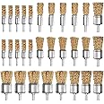ATOPLEE 30pcs Brass Coated Wire Brush Wheel & Cup Brush Set with 1/4 Inch Round Shank,6 Sizes Crimped Wire Brush Wheel for Rust Removal, Corrosion and Scrub Surfaces,for Drill Attachment
