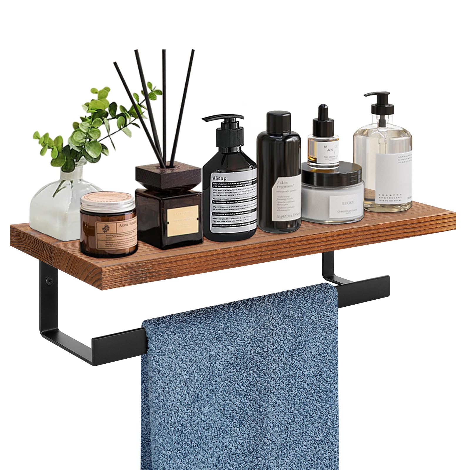 Photo 1 of Winmien Hand Towel Holder/Towel Ring with Wooden Shelf, Hand Towel Rack, Hand Towel Hanger for Bathroom, Bath Accessories Wall Mounted (Matte Black, 12 Inch-Metal)