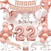 22nd Birthday Decorations for Women, 52pcs Sweet Rose Gold Happy 22 Birthday Decorations Including 22nd Rose Gold Crown, Sash, Banner, Background for 22 Party Decorations Set
