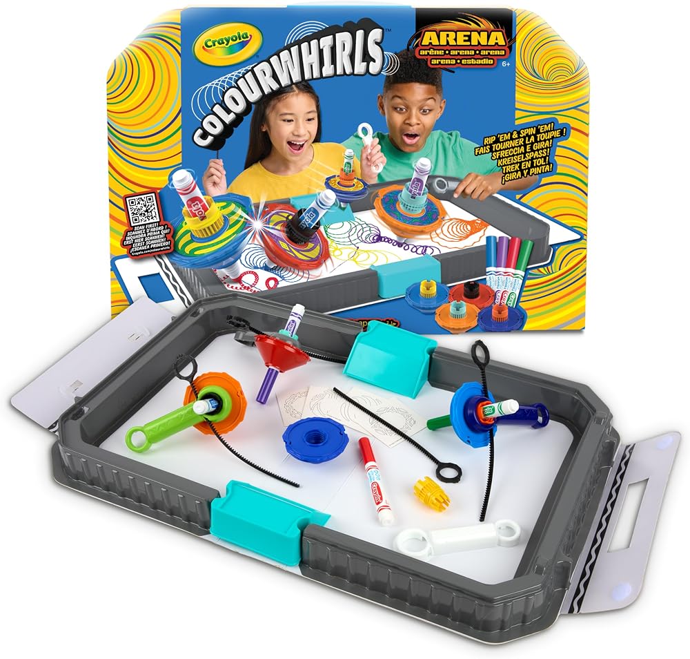CRAYOLA Colourwhirls Battle Arena Rip Em Spin Em 4 Toys 4 Markers 6+