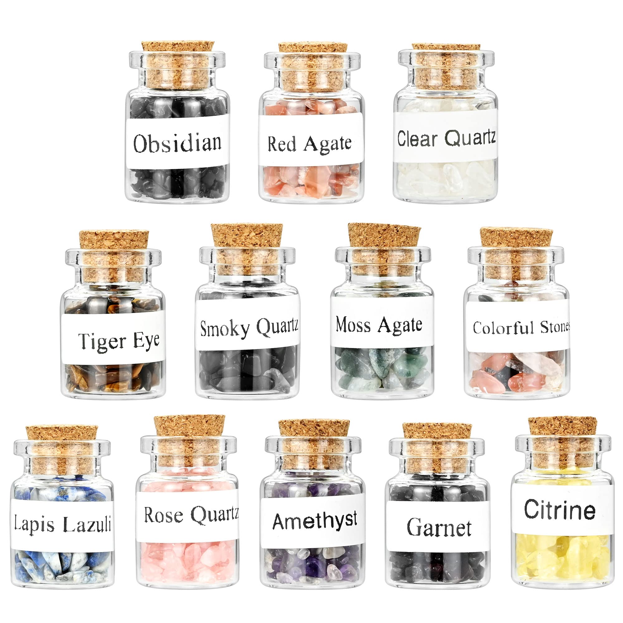 12Pcs Mini Crystals Gemstone Bottles Set, Healing Crystal Tumbled Stones Collection Kit Natural Quartz Gravel Wishing Bottle, DIY Craft Bottles for Healing, Meditation, Chakra Balance & Decoration