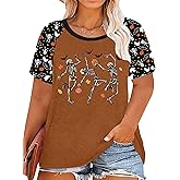 Plus Size Halloween Shirts for Women Pumpkin Graphic Tshirt Fall Casual Short Sleeve Tee Tops