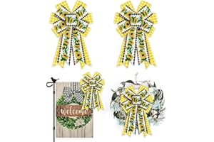 2PCS Sunflower Wreath Bows, White Yellow Buffalo Plaid Bows for Wreath Yellow Wreath Bows Spring Summer Decorative Bows for F