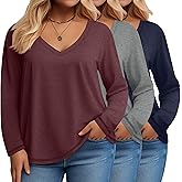 Evervibe 3 Pack Women's Plus Size T Shirts, Casual Long Sleeve Tops V Neck Basic Shirts Fall Loose Fit Soft Tops