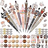 Geyee 12 Set Beadable Pens Assorted Bead Pens Wood Crystal Round Spacer Set Black Ink DIY Ballpoint for Women Men Gift Office Supplies(Multicolor,Coffee)